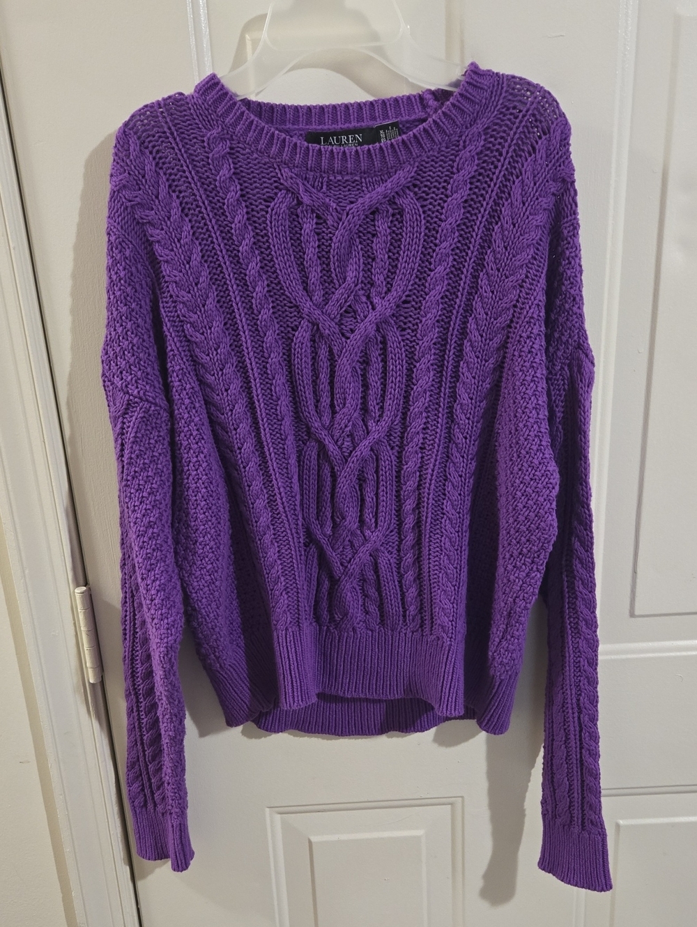 LRL Chunky Cable Knit Pullover Sweater Purple XL Cotton Relaxed Boxy Fit Preppy